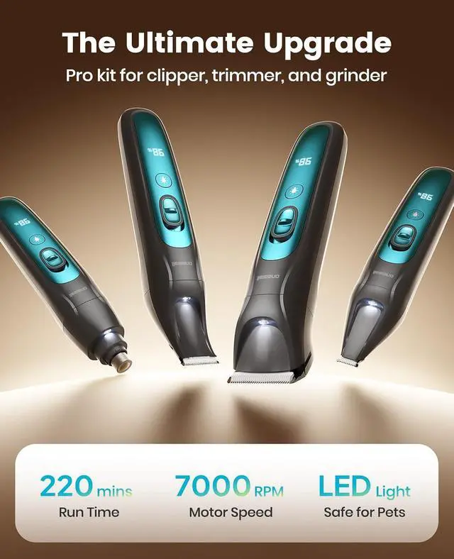 Alt view image 7 of 7 - Professional 4-in-1 Dog Grooming Kit with LED Light | Quiet Clippers & Nail Grinder, Cordless, 3.7 hrs Runtime, LED Display, Safe for Paws, Face, Ears & Body