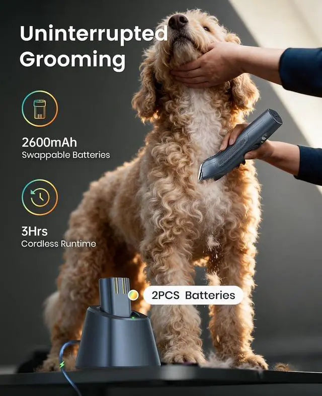 Alt view image 2 of 7 - Professional Dog Clippers Dual Battery Unlimited Runtime A5 Blade | 3700SPM 2-Speed, 2 Pcs 2600mAh Swappable Battery, Low Noise Dog Grooming Clippers for Thick Long Curly Matted Hair