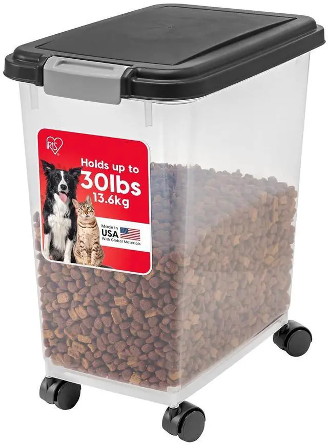 Main image of IRIS USA Dog Food Storage Container, Airtight, 30 lb Capacity, Wheels | Airtight seal keeps kibble, bird seed, and pet food fresh while wheels provide easy mobility around the home.