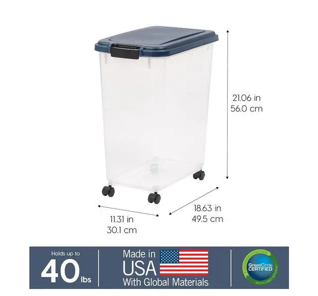 Alt view image 3 of 7 - IRIS USA Dog Food Storage Container, Up to 40 lbs, Navy, Made in USA | Wheels for Mobility, Airtight Seal, BPA-Free, Best for Bird Seed, Cat food, Cat Litter, Chicken Feed, Pellets