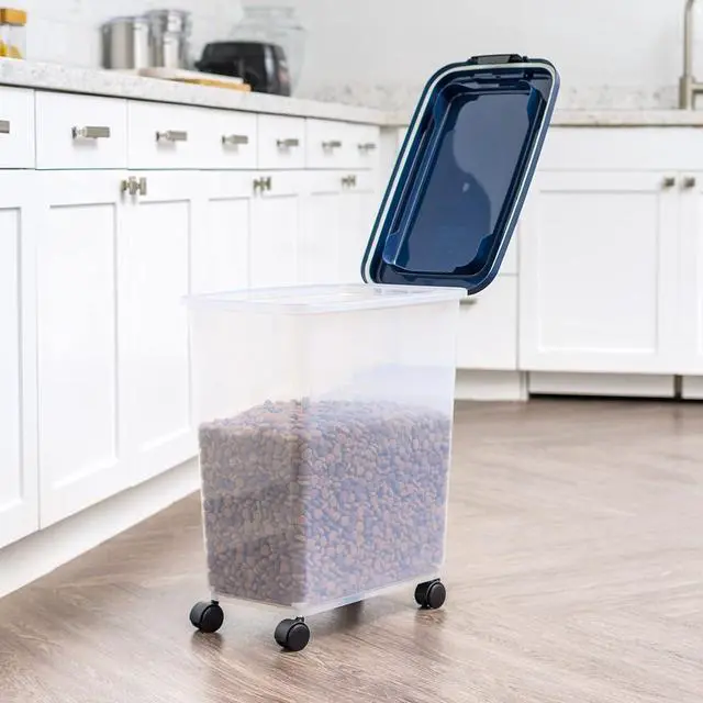 Alt view image 6 of 7 - IRIS USA Dog Food Storage Container, Up to 40 lbs, Navy, Made in USA | Wheels for Mobility, Airtight Seal, BPA-Free, Best for Bird Seed, Cat food, Cat Litter, Chicken Feed, Pellets