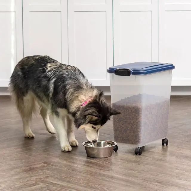 Alt view image 5 of 7 - IRIS USA Dog Food Storage Container, Up to 40 lbs, Navy, Made in USA | Wheels for Mobility, Airtight Seal, BPA-Free, Best for Bird Seed, Cat food, Cat Litter, Chicken Feed, Pellets