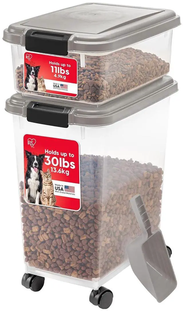 Main image of IRIS USA Airtight Dog Food Storage Container Combo, 30 lb & 11 lb Bin | Stackable food storage system includes scoop and wheels to keep kibble, treats, and pet food fresh and organized.