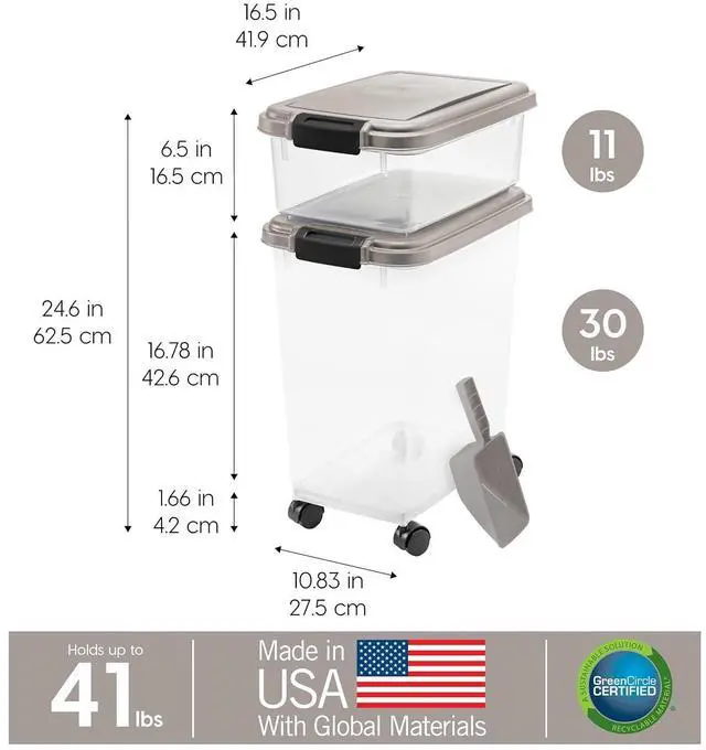Alt view image 3 of 7 - IRIS USA Airtight Dog Food Storage Container Combo, 30 lb & 11 lb Bin | Stackable food storage system includes scoop and wheels to keep kibble, treats, and pet food fresh and organized.