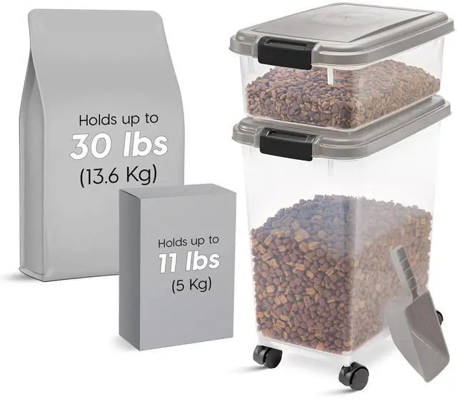 Alt view image 2 of 7 - IRIS USA Airtight Dog Food Storage Container Combo, 30 lb & 11 lb Bin | Stackable food storage system includes scoop and wheels to keep kibble, treats, and pet food fresh and organized.