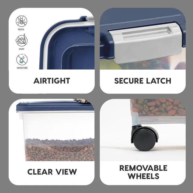 Alt view image 4 of 7 - IRIS USA Dog Food Storage Container, Up to 40 lbs, Navy, Made in USA | Wheels for Mobility, Airtight Seal, BPA-Free, Best for Bird Seed, Cat food, Cat Litter, Chicken Feed, Pellets