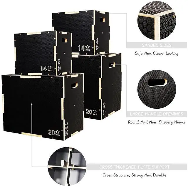 Alt view image 2 of 7 - Fitvids 16" x 14" x 12" Non-Slip Wooden Plyo Box Jump Exercise Platform, Plyometric Workout Equipment for Home Gym, Training Step Box, Black
