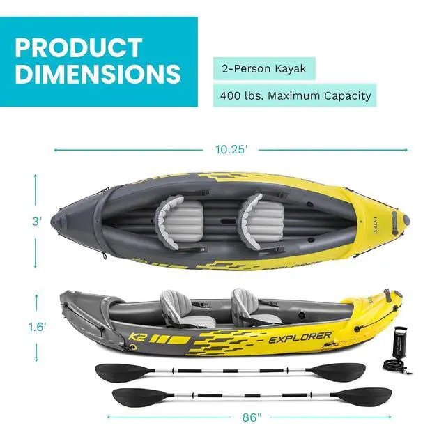 Alt view image 3 of 7 - INTEX 68307EP Explorer K2 Inflatable Kayak Set: Deluxe 86in Kayak Paddles and High-Output Pump Adjustable Seats with Backrest Removable Skeg 2-Person 400lb Weight Capacity, 2 Pack