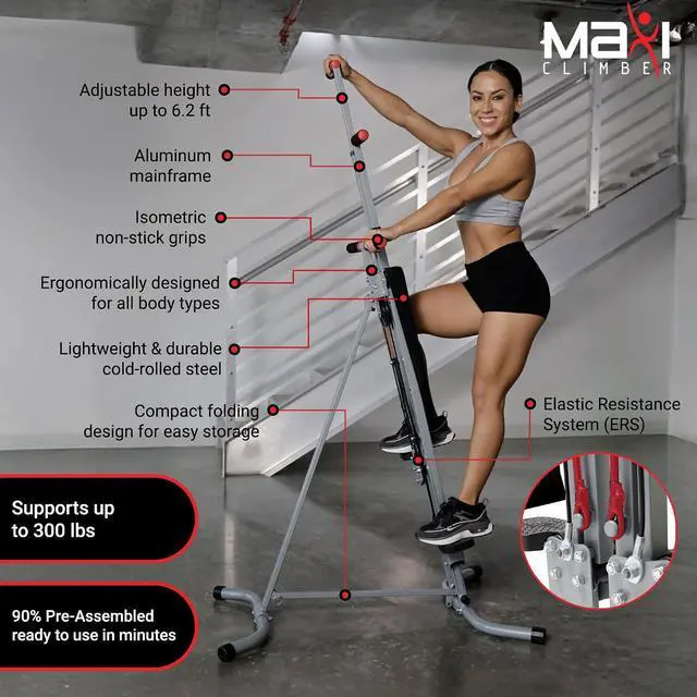 Alt view image 4 of 7 - MaxiClimber 2.0 Vertical Climber ERS (Elastic Resistance System) - Easy to Assemble, Folding Exercise Machine Combines Cardio & Strength Training for a Low Impact, Full Body Workout - Free Fitness App