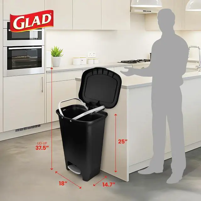 Alt view image 2 of 7 - Glad Trash Can with Clorox Odor Protection | Plastic Bin, 13 Gal, Black | Kitchen Waste Bin | Hands Free with Step On Foot Pedal and Garbage Bag Rings
