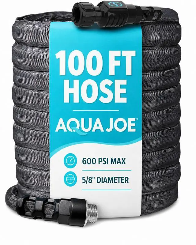 Main image of Aqua Joe AJFJ100-58-XT1 New and Improved - Aqua Joe 100-Ft x 5/8-Inch FiberJacket Garden Hose | Durable Fabric Hose with Metal Fittings, 600 PSI Max, 100' x 5/8 Diameter