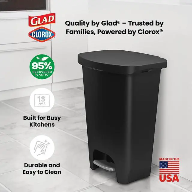 Alt view image 6 of 7 - Glad Trash Can with Clorox Odor Protection | Plastic Bin, 13 Gal, Black | Kitchen Waste Bin | Hands Free with Step On Foot Pedal and Garbage Bag Rings