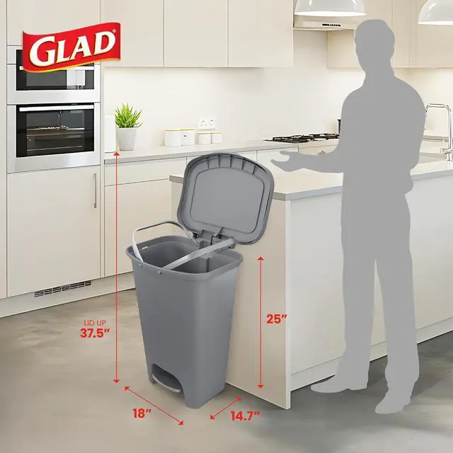 Alt view image 2 of 7 - Glad Trash Can with Clorox Odor Protection | Plastic Bin, 13 Gallon, Grey | Kitchen Waste Bin | Hands Free with Step On Foot Pedal and Garbage Bag Rings