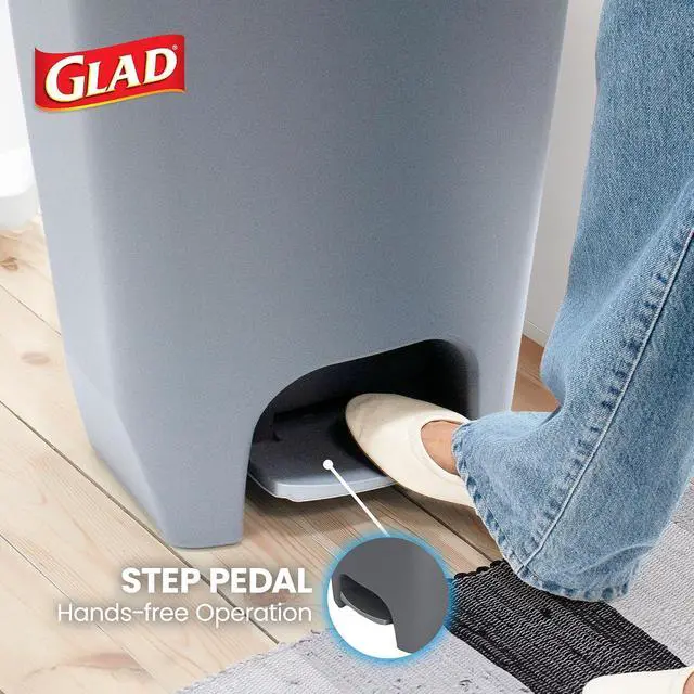 Alt view image 4 of 7 - Glad Trash Can with Clorox Odor Protection | Plastic Bin, 13 Gallon, Grey | Kitchen Waste Bin | Hands Free with Step On Foot Pedal and Garbage Bag Rings