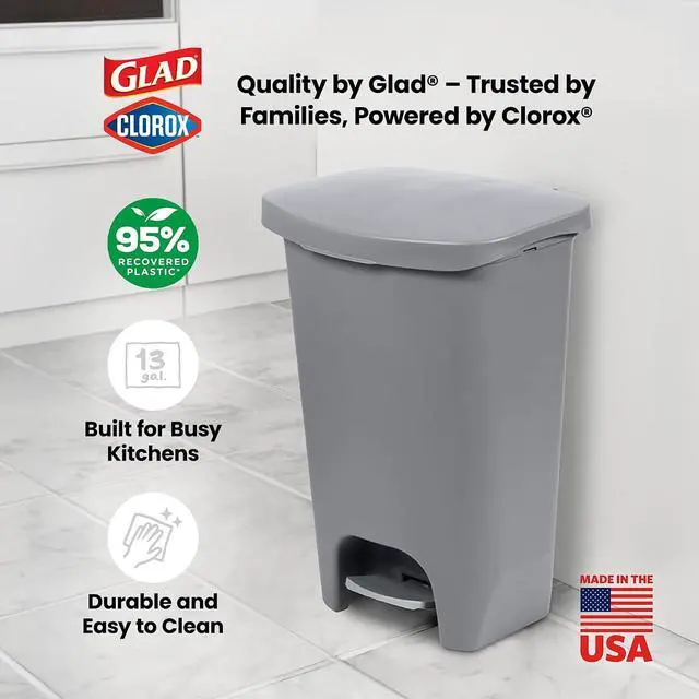 Alt view image 6 of 7 - Glad Trash Can with Clorox Odor Protection | Plastic Bin, 13 Gallon, Grey | Kitchen Waste Bin | Hands Free with Step On Foot Pedal and Garbage Bag Rings