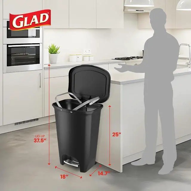 Alt view image 2 of 7 - Glad Premium Trash Can with Clorox Odor Protection, 13 Gallon, Black | Plastic Kitchen Waste Bin | Hands Free with Stainless Steel Foot Pedal and Garbage Bag Rings