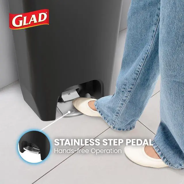 Alt view image 4 of 7 - Glad Premium Trash Can with Clorox Odor Protection, 13 Gallon, Black | Plastic Kitchen Waste Bin | Hands Free with Stainless Steel Foot Pedal and Garbage Bag Rings