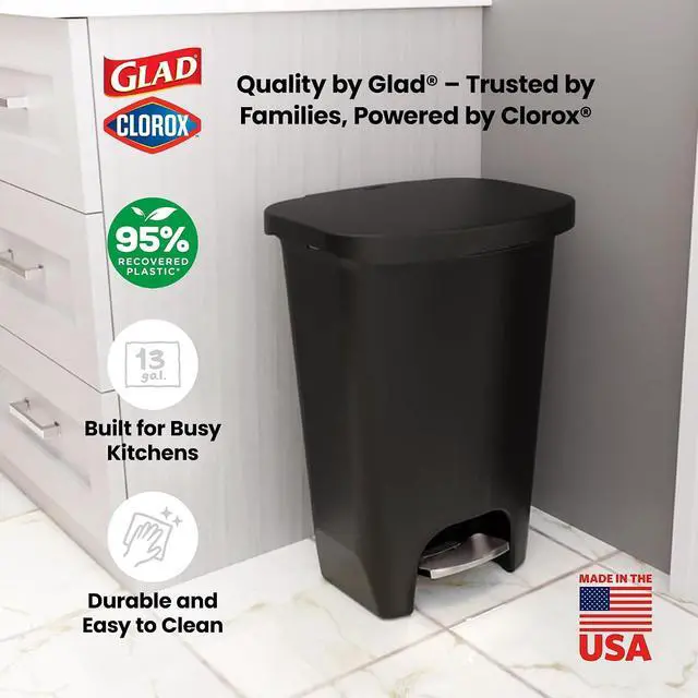 Alt view image 6 of 7 - Glad Premium Trash Can with Clorox Odor Protection, 13 Gallon, Black | Plastic Kitchen Waste Bin | Hands Free with Stainless Steel Foot Pedal and Garbage Bag Rings