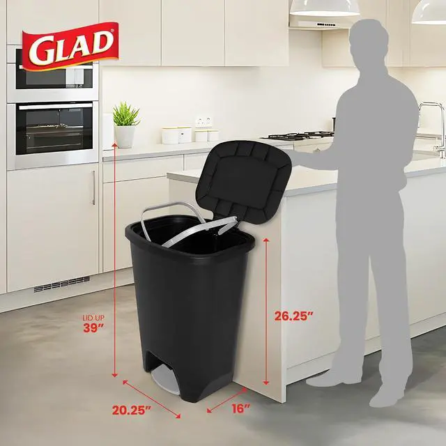 Alt view image 2 of 7 - Glad Trash Can with Clorox Odor Protection | Plastic Bin, 20 Gal, Black | Kitchen Waste Bin | Hands Free with Step On Foot Pedal and Garbage Bag Rings