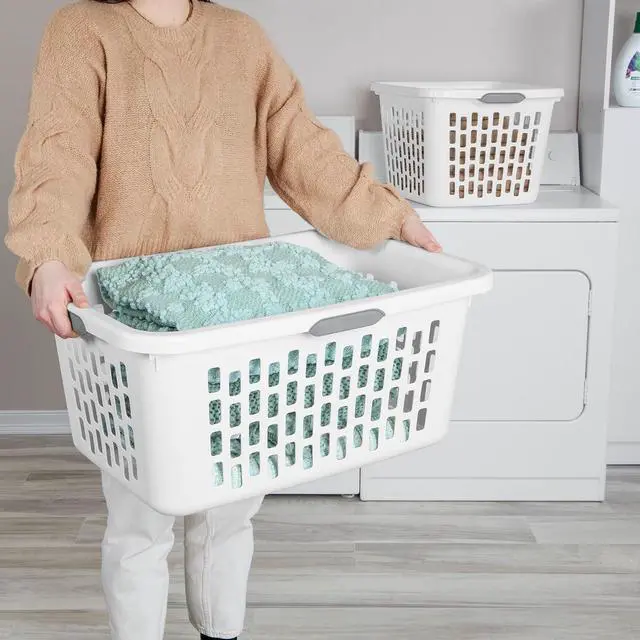 Alt view image 3 of 7 - Sterilite Laundry Basket, Plastic Clothes Hamper, Large Rectangle Bin with Comfort Grip Handles and Reinforced Rim, 2 Bushel Capacity, White, 18 Pack