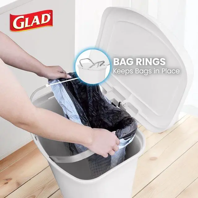 Alt view image 5 of 7 - Glad 13 Gallon Trash Can with Clorox Odor Protection | Plastic Kitchen Waste Bin | Hands Free with Step On Foot Pedal and Garbage Bag Rings, White