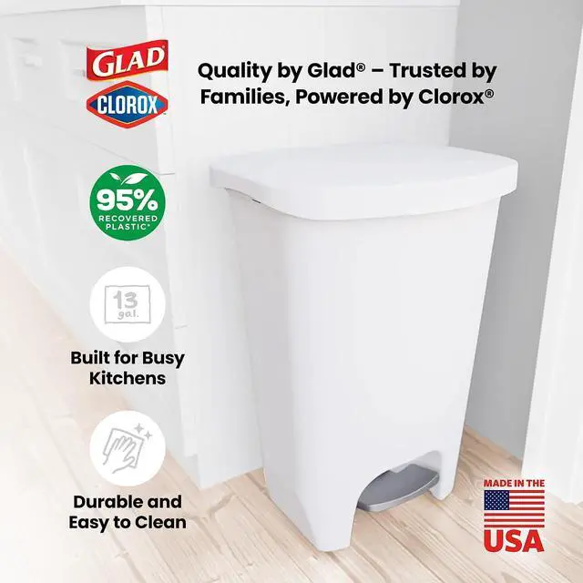 Alt view image 6 of 7 - Glad 13 Gallon Trash Can with Clorox Odor Protection | Plastic Kitchen Waste Bin | Hands Free with Step On Foot Pedal and Garbage Bag Rings, White