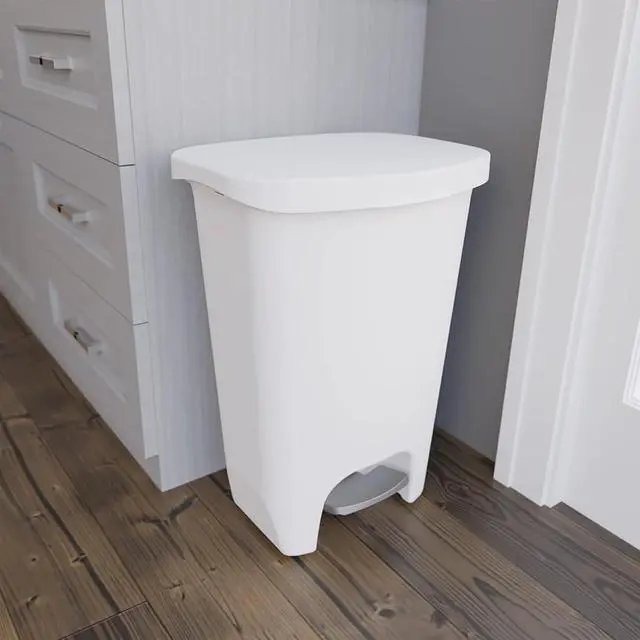Alt view image 7 of 7 - Glad 13 Gallon Trash Can with Clorox Odor Protection | Plastic Kitchen Waste Bin | Hands Free with Step On Foot Pedal and Garbage Bag Rings, White