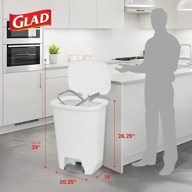 Alt view image 2 of 7 - Glad 20 Gallon Trash Can with Clorox Odor Protection | Plastic Kitchen Waste Bin | Hands Free with Step On Foot Pedal and Garbage Bag Rings, White