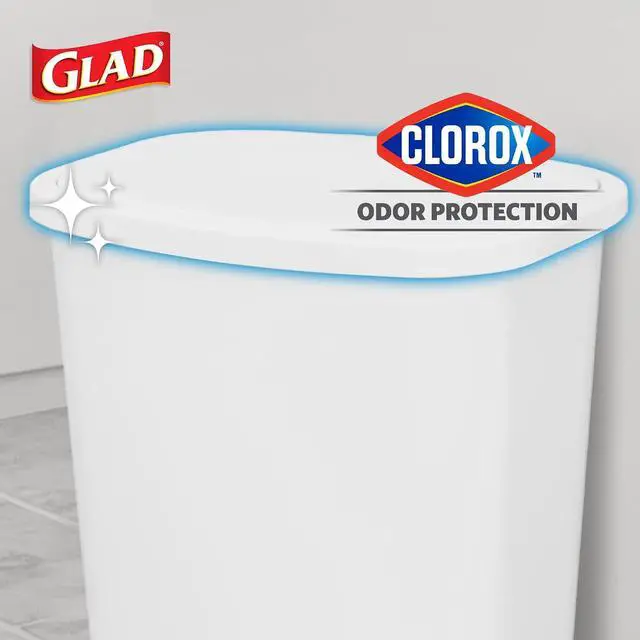 Alt view image 3 of 7 - Glad 20 Gallon Trash Can with Clorox Odor Protection | Plastic Kitchen Waste Bin | Hands Free with Step On Foot Pedal and Garbage Bag Rings, White