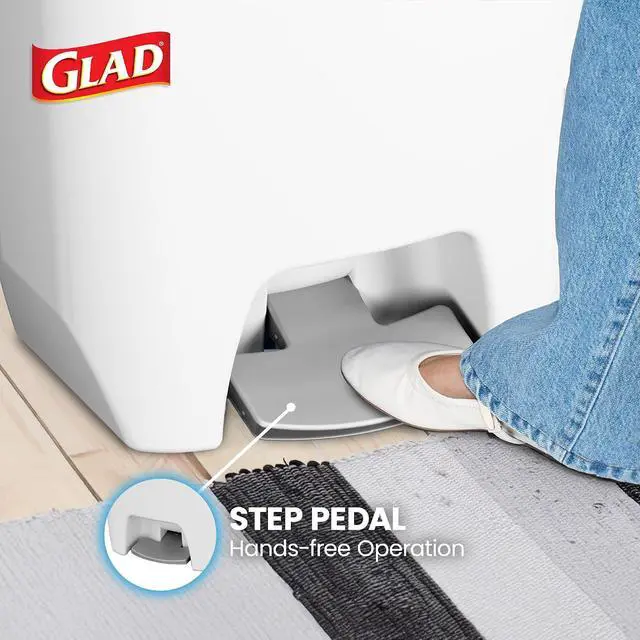 Alt view image 4 of 7 - Glad 20 Gallon Trash Can with Clorox Odor Protection | Plastic Kitchen Waste Bin | Hands Free with Step On Foot Pedal and Garbage Bag Rings, White