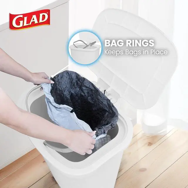 Alt view image 5 of 7 - Glad 20 Gallon Trash Can with Clorox Odor Protection | Plastic Kitchen Waste Bin | Hands Free with Step On Foot Pedal and Garbage Bag Rings, White