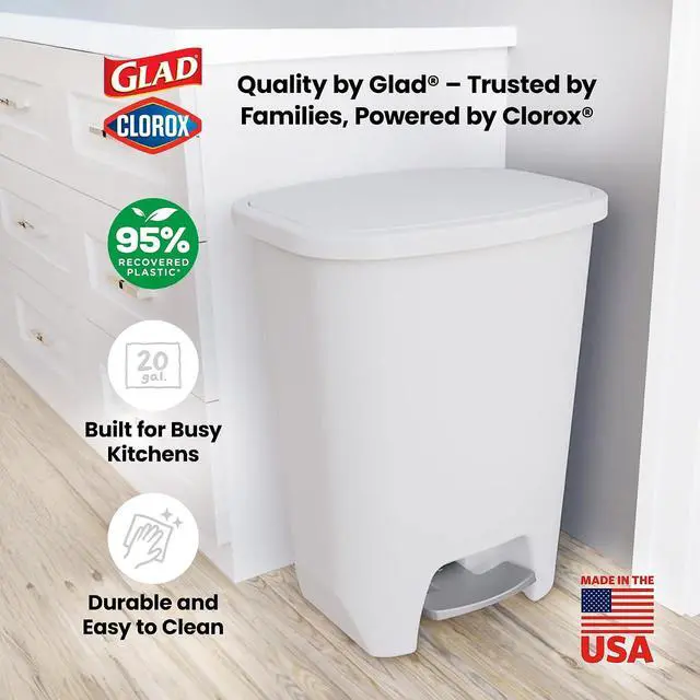 Alt view image 6 of 7 - Glad 20 Gallon Trash Can with Clorox Odor Protection | Plastic Kitchen Waste Bin | Hands Free with Step On Foot Pedal and Garbage Bag Rings, White