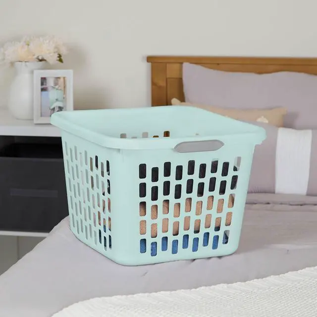 Alt view image 4 of 7 - Sterilite Laundry Basket, Plastic Clothes Hamper, 24 Pack | 1.5 Bushel Capacity, Mint, Large Square Bin with Comfort Grip Handles and Reinforced Rim