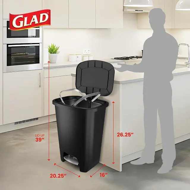 Alt view image 2 of 7 - Glad Premium Trash Can with Clorox Odor Protection, 20 Gallon, Black | Plastic Kitchen Waste Bin | Hands Free with Stainless Steel Foot Pedal and Garbage Bag Rings