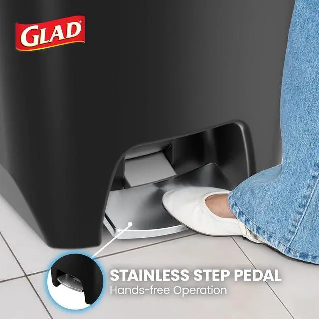 Alt view image 4 of 7 - Glad Premium Trash Can with Clorox Odor Protection, 20 Gallon, Black | Plastic Kitchen Waste Bin | Hands Free with Stainless Steel Foot Pedal and Garbage Bag Rings