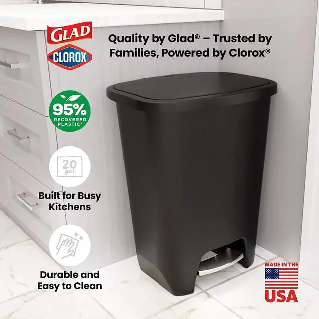 Alt view image 6 of 7 - Glad Premium Trash Can with Clorox Odor Protection, 20 Gallon, Black | Plastic Kitchen Waste Bin | Hands Free with Stainless Steel Foot Pedal and Garbage Bag Rings