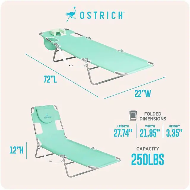 Alt view image 3 of 7 - Ostrich The Original Chaise Lounge 72 x 22 Inch Portable Reclining Lounger | Outdoor Patio, Beach, Lawn, Camping, or Pool Tanning Chair, Teal