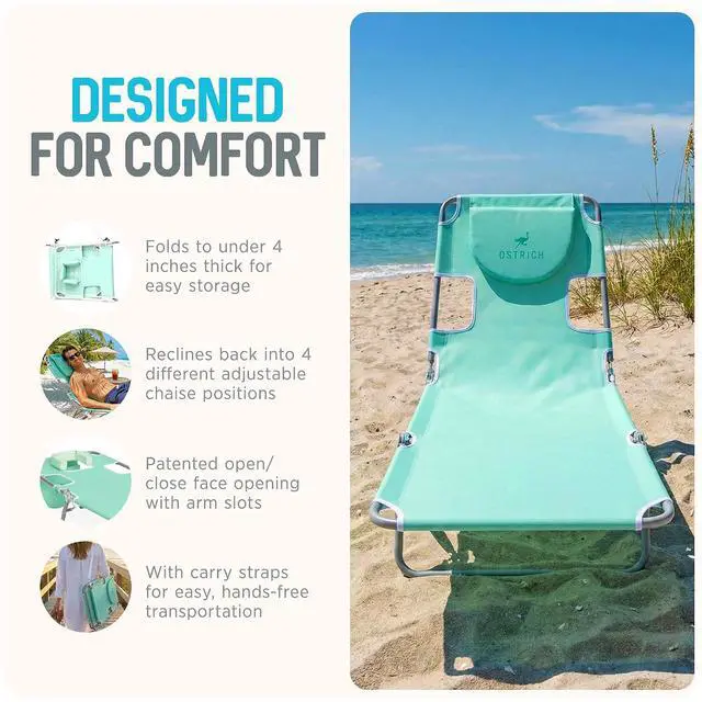 Alt view image 5 of 7 - Ostrich The Original Chaise Lounge 72 x 22 Inch Portable Reclining Lounger | Outdoor Patio, Beach, Lawn, Camping, or Pool Tanning Chair, Teal