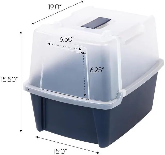 Alt view image 2 of 7 - IRIS USA Large Front Door Cat Litter Box, Walk-in Entry, Navy | Senior Cats, Private Enclosure Design, Flip Door Access, Covered Walk-Through, Privacy Hood, Contained Environment