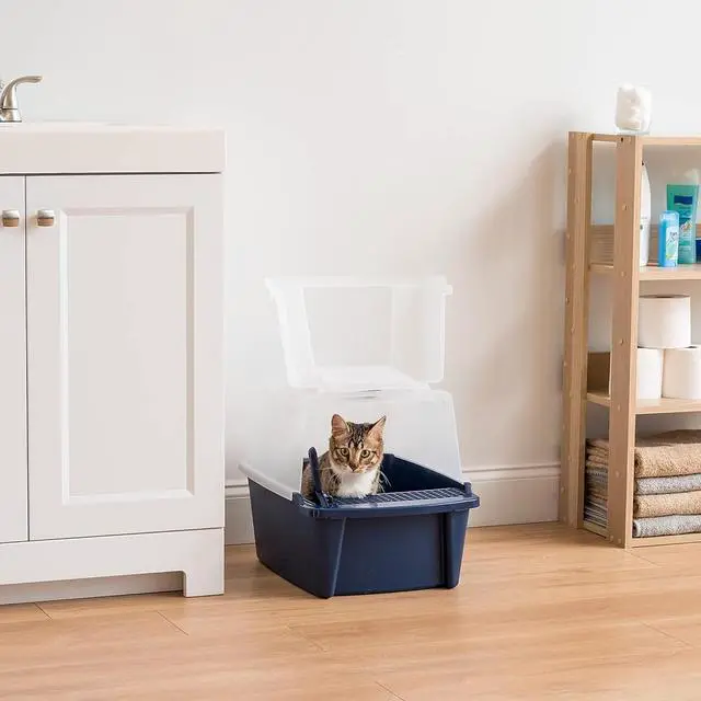 Alt view image 3 of 7 - IRIS USA Large Front Door Cat Litter Box, Walk-in Entry, Navy | Senior Cats, Private Enclosure Design, Flip Door Access, Covered Walk-Through, Privacy Hood, Contained Environment