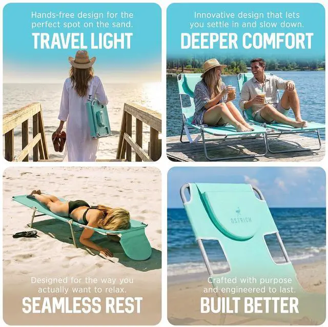 Alt view image 7 of 7 - Ostrich The Original Chaise Lounge 72 x 22 Inch Portable Reclining Lounger | Outdoor Patio, Beach, Lawn, Camping, or Pool Tanning Chair, Teal