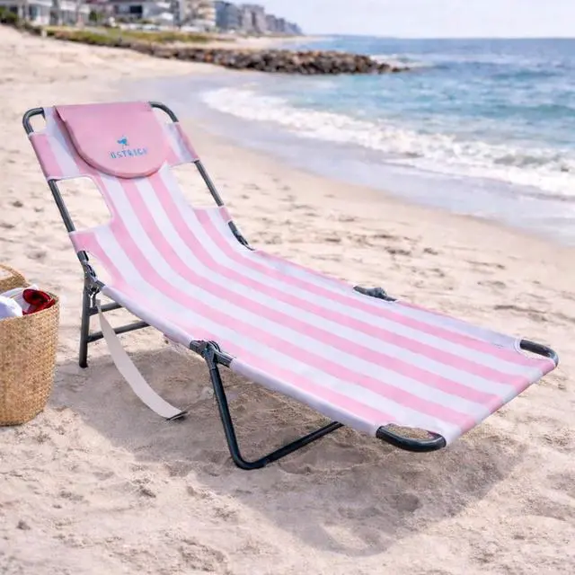 Alt view image 2 of 6 - Ostrich the Original Chaise 72 x 22 Inch Lounge Portable Reclining Lounger, Outdoor Patio, Beach, Lawn, Camping, or Pool Tanning Chair, Pink Stripe