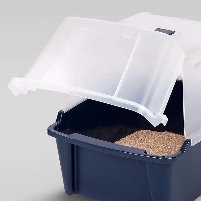 Alt view image 6 of 7 - IRIS USA Large Front Door Cat Litter Box, Walk-in Entry, Navy | Senior Cats, Private Enclosure Design, Flip Door Access, Covered Walk-Through, Privacy Hood, Contained Environment