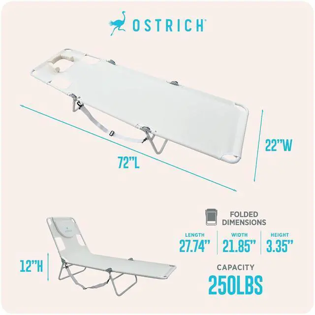 Alt view image 3 of 7 - Ostrich The Original Chaise Lounge 72 x 22 Inch Portable Reclining Lounger | Outdoor Patio, Beach, Lawn, Camping, or Pool Tanning Chair, White