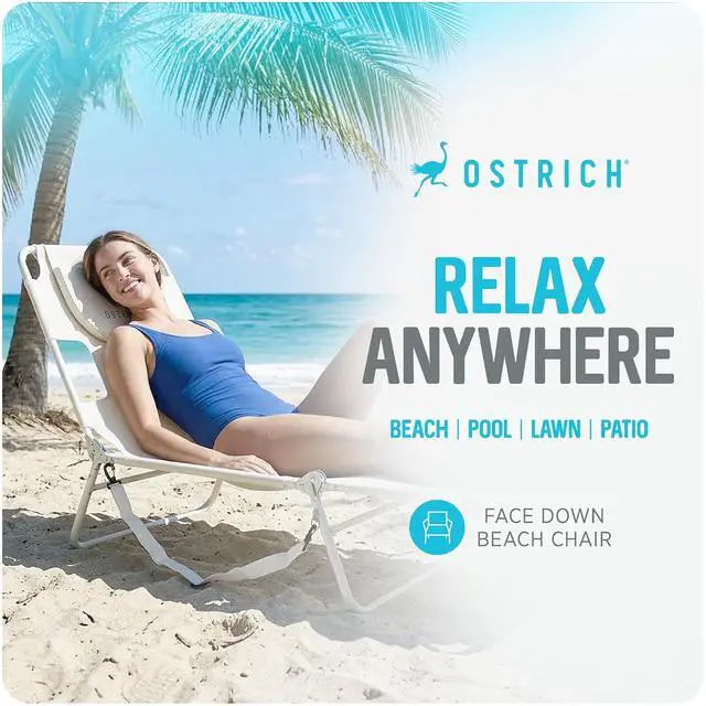 Alt view image 4 of 7 - Ostrich The Original Chaise Lounge 72 x 22 Inch Portable Reclining Lounger | Outdoor Patio, Beach, Lawn, Camping, or Pool Tanning Chair, White