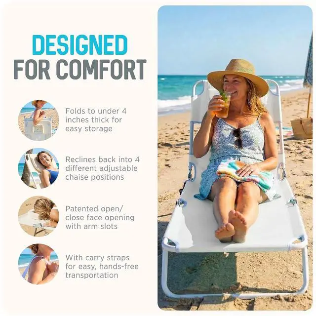 Alt view image 5 of 7 - Ostrich The Original Chaise Lounge 72 x 22 Inch Portable Reclining Lounger | Outdoor Patio, Beach, Lawn, Camping, or Pool Tanning Chair, White