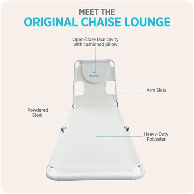 Alt view image 6 of 7 - Ostrich The Original Chaise Lounge 72 x 22 Inch Portable Reclining Lounger | Outdoor Patio, Beach, Lawn, Camping, or Pool Tanning Chair, White