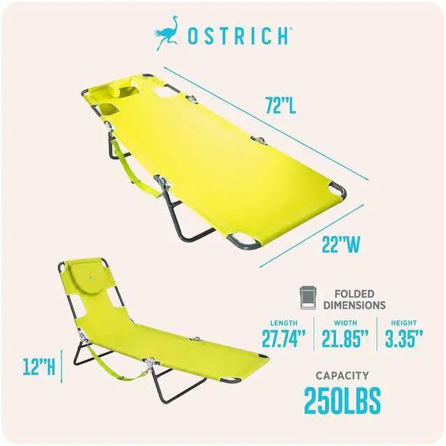 Alt view image 2 of 7 - Ostrich the Original Chaise 72 x 22 Inch Lounge Portable Reclining Lounger, Outdoor Patio, Beach, Lawn, Camping, or Pool Tanning Chair, Lime Green