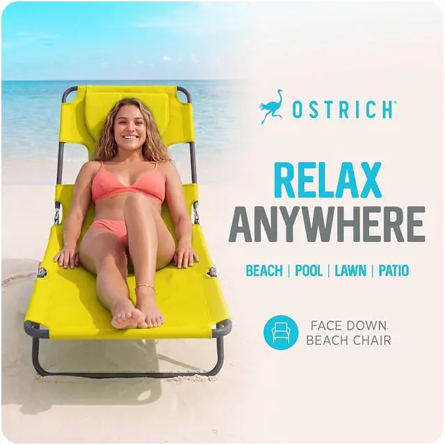 Alt view image 3 of 7 - Ostrich the Original Chaise 72 x 22 Inch Lounge Portable Reclining Lounger, Outdoor Patio, Beach, Lawn, Camping, or Pool Tanning Chair, Lime Green