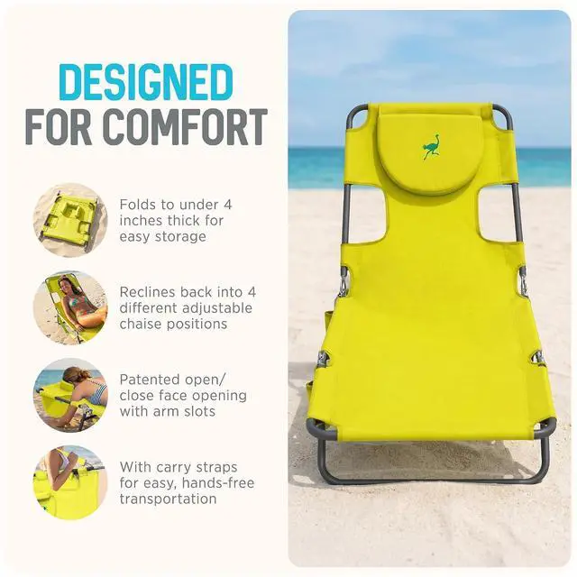 Alt view image 5 of 7 - Ostrich the Original Chaise 72 x 22 Inch Lounge Portable Reclining Lounger, Outdoor Patio, Beach, Lawn, Camping, or Pool Tanning Chair, Lime Green